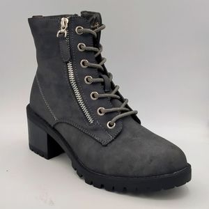 Gray Women Combat Ankle Boots Chunky Mid Heels